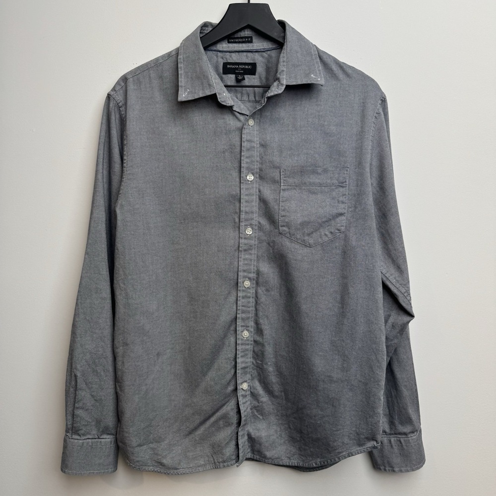 Banana Republic Gray L Oxford Dress Shirt Cotton Untucked Button-Up Preppy Men's
